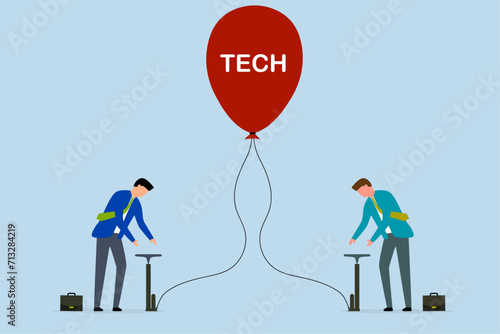 Tech stock bubble, traders investors take risk by inflating ready balloon with word TECH