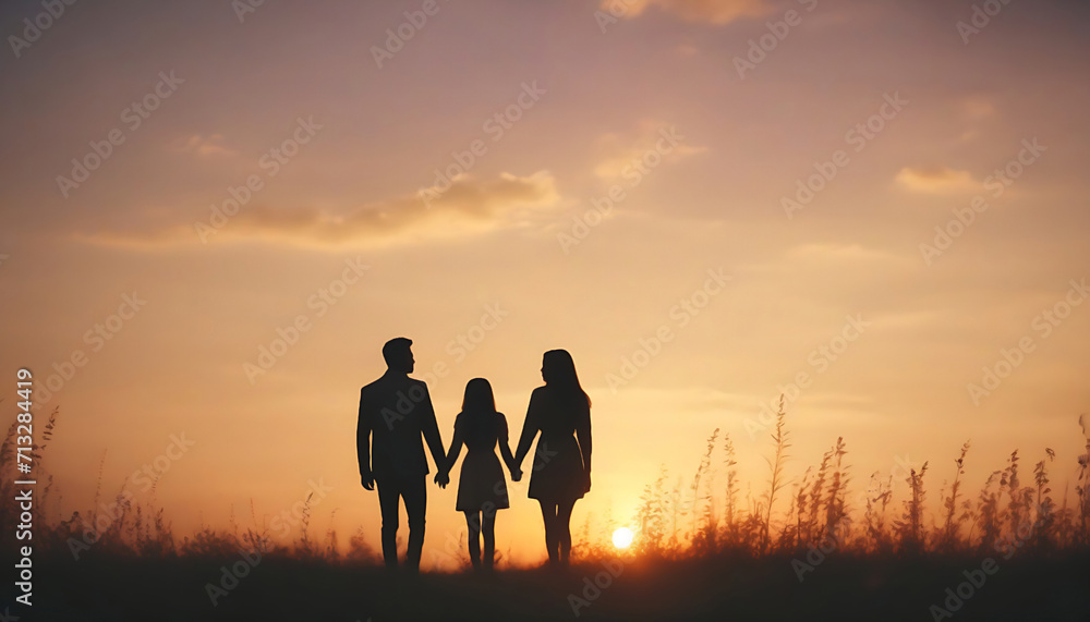 Silhouette of happy family at sunset. Generative AI