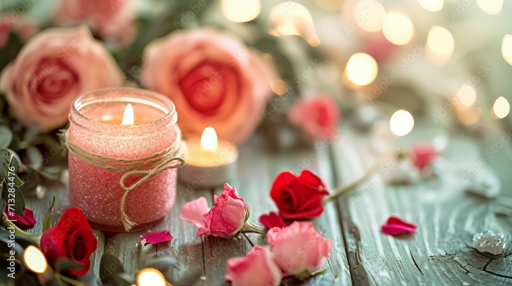 a candle surrounded by roses on a wooden floor, in the style of glitter, light red and light pink, valentines day a candle surrounded by roses on a wooden floor, in the style of glitter, light red and light pink, valentines day