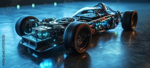 3D graphics rendering showing a fully developed prototype of an electric vehicle chassis, allowing you to see the layout of components and assemblies. Blue neon lighting. Future is now.