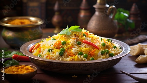 Fast Food Rise A symphony of colors in a bowl of vibrant vegetable biryani, showcasing the perfectly cooked basmati rice and an array of fresh vegetables -Generative Ai
