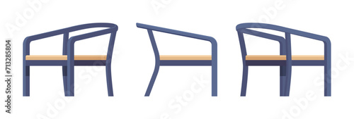 Wooden frame armchair set, blue dining chair. Workroom, kitchen, living room, balcony, tea table, banquet accent. Vector flat style cartoon home or office furniture objects isolated, white background