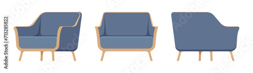 Soft fabric armchair blue set, club accent chair. Living, waiting room, lounge space, studio tufted upholstery. Vector flat style cartoon home, office furniture objects isolated on white background