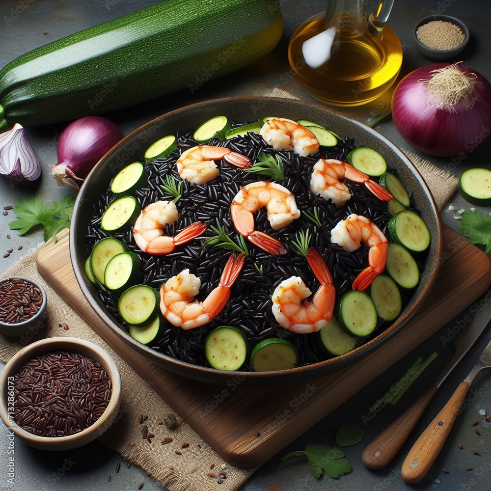 Presentation and preparation of black rice with zucchini and shrimps