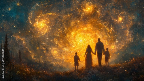 Constellation familiale, Exploration cosmique en famille : Quatre membres, deux adultes et deux enfants, émerveillés devant un ciel étoilé éblouissant, offrant une toile cosmique vaste et chaleureuse