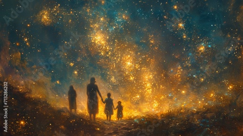 Constellation familiale, Exploration cosmique en famille : Quatre membres, deux adultes et deux enfants, émerveillés devant un ciel étoilé éblouissant, offrant une toile cosmique vaste et chaleureuse © jp