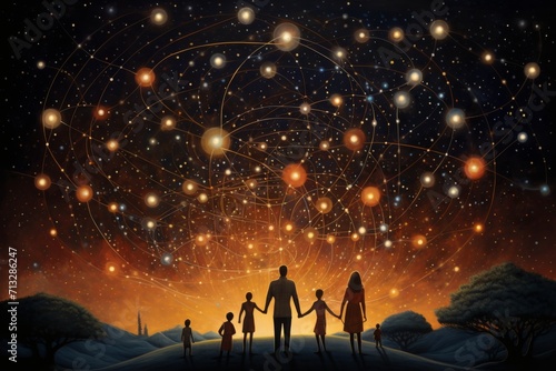 Constellation familiale, Exploration cosmique en famille : Quatre membres, deux adultes et deux enfants, émerveillés devant un ciel étoilé éblouissant, offrant une toile cosmique vaste et chaleureuse photo