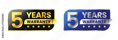5 Years warranty label, badge, icon, logo. Parallelogram rhombus shape with gold and silver color. Vector Illustration