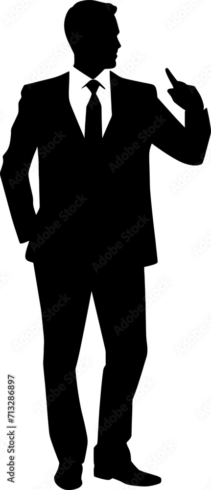 Businessman standing and presenting ideas, isolated vector silhouette. Abstract ink drawing od man in suit. Business people. AI generated illustration.