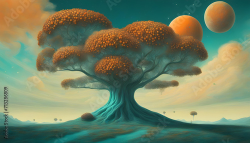 An orange tree sits alone under a teal sky. magic world