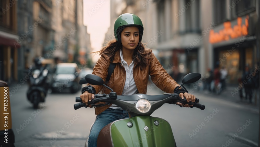Portrait of a girl riding a green motorcycle around the city Portrait of a girl riding a green motorcycle around the city