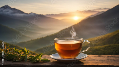 Original Sri Lankan cup of tea by the mountain when the sun rising over the mountain in a morning landscape photo