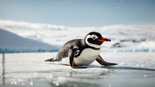 A beautiful penguin rides on a glacier