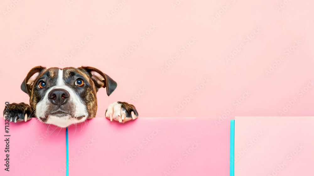 A dog's gaze on a bright clean background. Pet portrait. Creative concept of pet portraying a dog 