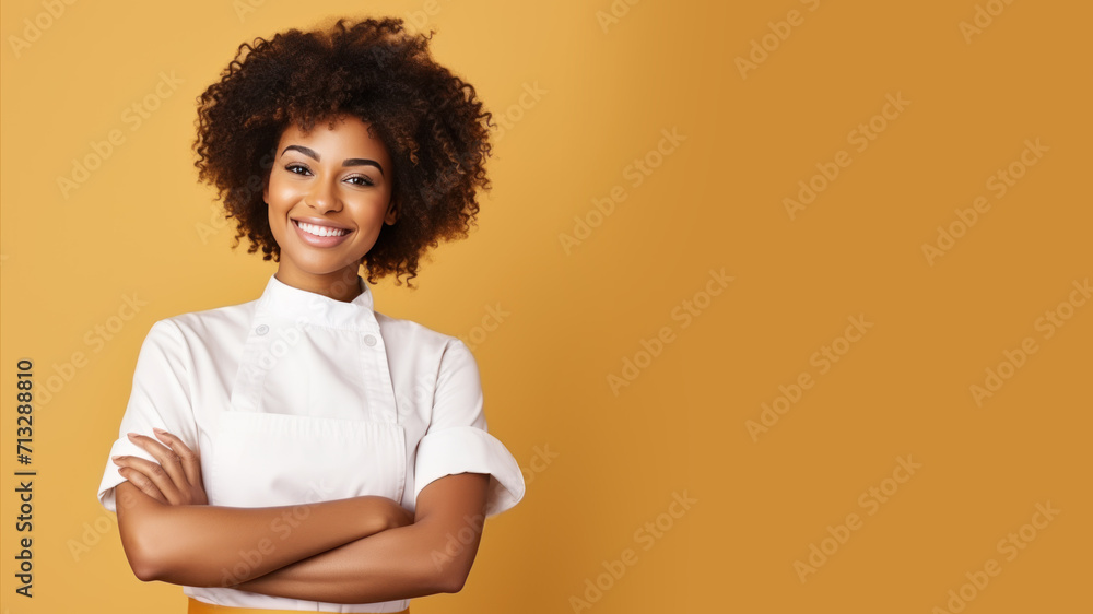 Afro american woman in chef uniform smile isolated on pastel background Afro american woman in chef uniform smile isolated on pastel background