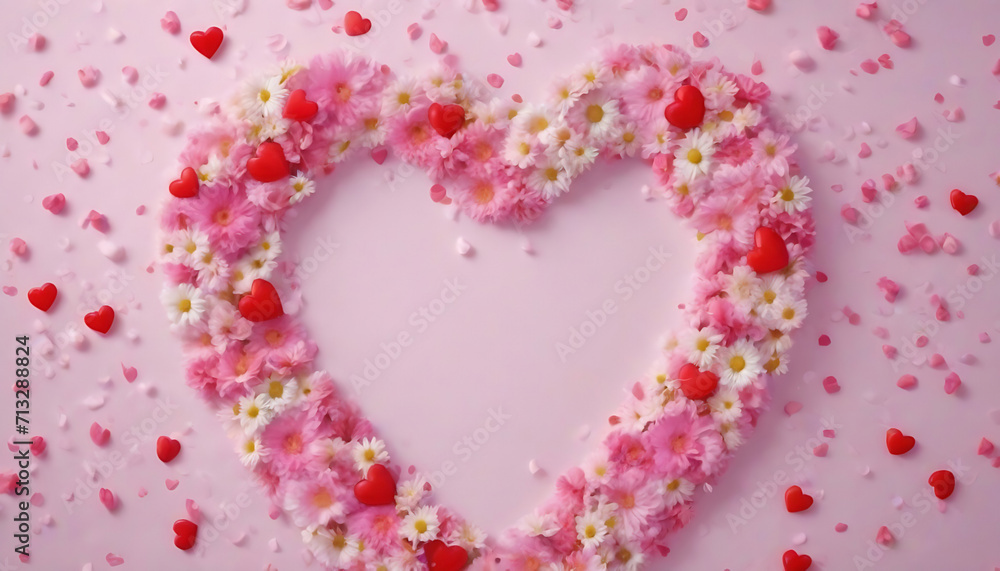 Valentine's Day background with hearts and flowers on pink background. Generative AI