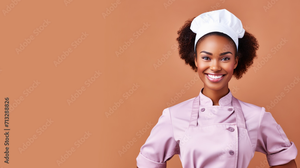 Afro american woman in chef uniform smile isolated on pastel background