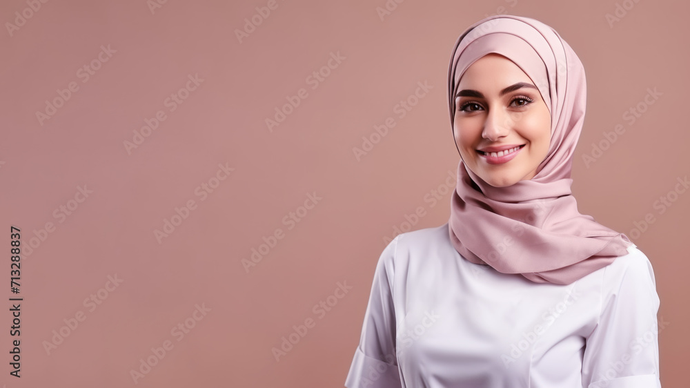 Arab Hijab woman in chef uniform smile isolated on pastel background Arab Hijab woman in chef uniform smile isolated on pastel background