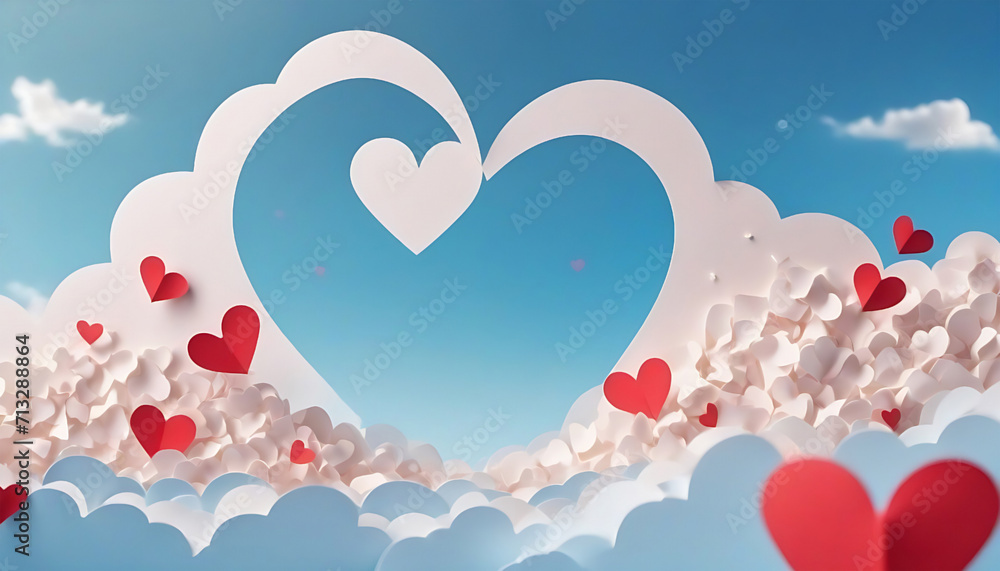 Valentine's day background with hearts and clouds. 3D rendering. Generative AI