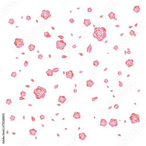 Pink and red roses of different sizes on a white background. Flowers. Beautiful background of Pink roses. Vector illustration. Placer of flowers. Vector drawing of roses. 白い背景にさまざまなサイズのピンクと赤のバラ。 フラワーズ