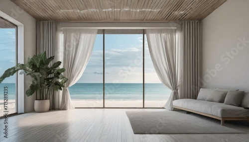 Empty living room of a luxurious summer beach house with sea views behind the curtains. Home decor. Interior design. Minimalist natural aesthetic architecture background. © juanorihuela