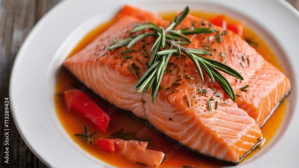 Delight your senses with this tantalizing image, presenting a perfectly cooked fish steak surrounded. medley of vibrant vegetables, offering a refreshing slice of meaty goodness for wholesome lunch