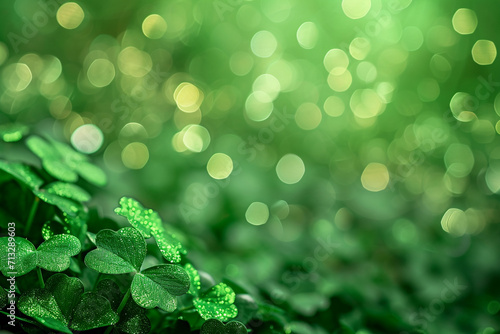 Sparkling shamrock decorations on a green backdrop, St. Patrick’s Day, blurred background, with copy space