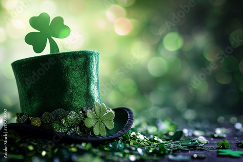 A festive green hat surrounded by shamrocks, St. Patrick’s Day, blurred background, with copy space