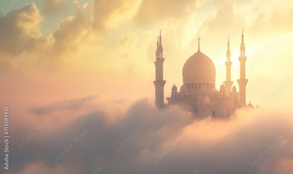 Mosque Above Clouds with Sunset Sky for Islamic Celebrations