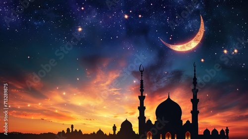 Captivating Ramadan Banner- Mosque Silhouette with Crescent Moon and Glowing Stars, Symbolizing Peace and Blessings