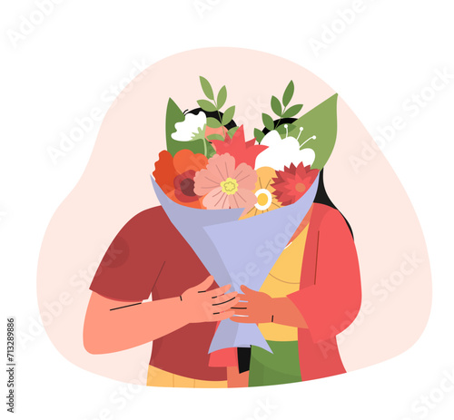 Couple with bouquet of flowers vector