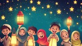 Joyful Ramadan Banner- Children Celebrating with Lanterns and Smiling Faces, Spreading Happiness and Unity