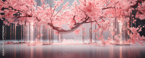 Delicate sakura flowers with crystal droplets suspended on graceful branches  on dark elegant background. Nature and modern aesthetics. A Japanese springtime celebration. Tranquility and relaxation.