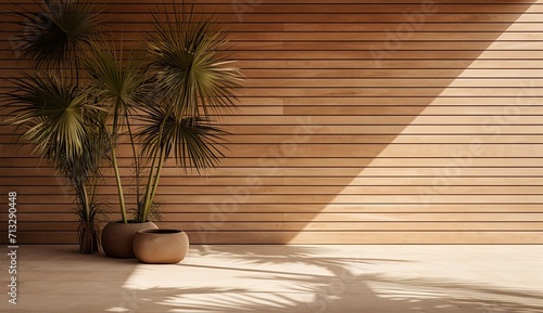 A wooden table set against a backdrop of a wooden wall, adorned with the graceful shadow of a palm tree.