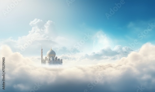 Mosque Above Clouds with Blue Sky for Islamic Celebrations