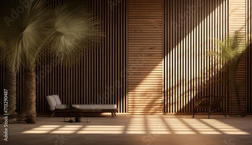 A wooden table set against a backdrop of a wooden wall, adorned with the graceful shadow of a palm tree. photo