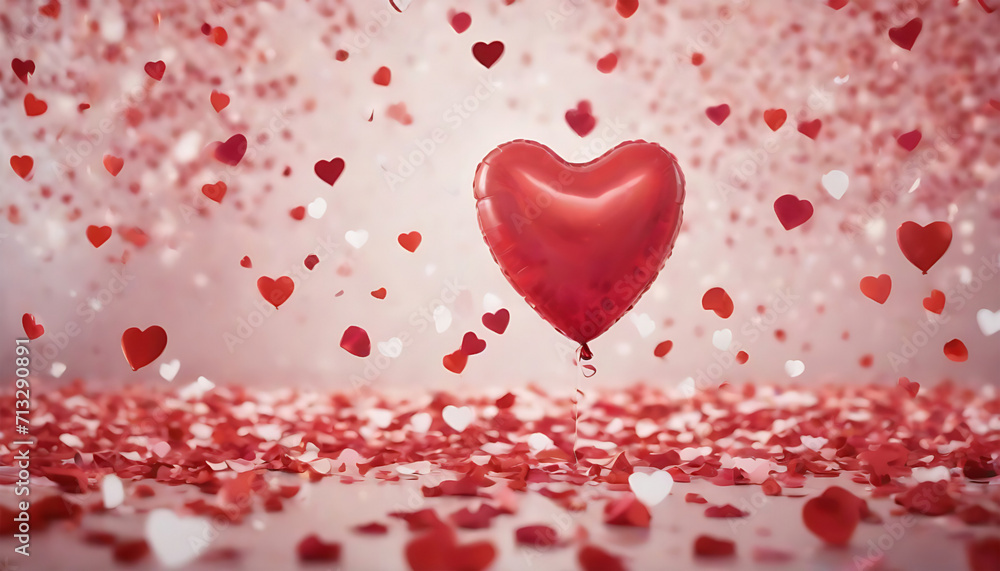 Valentines day background with red heart shaped balloon and confetti. Generative AI Valentines day background with red heart shaped balloon and confetti. Generative AI