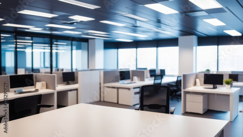Abstract blurred interior modern office space with business and empty space, people working, panoramic windows, and beautiful lighting background blur in business concept. © DJSPIDA FOTO