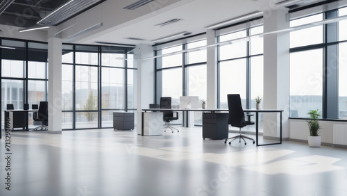 Abstract blurred interior modern office space with business and empty space, people working, panoramic windows, and beautiful lighting background blur in business concept.