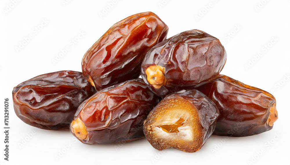 Close-up view of juicy and glossy, succulent dates, rich in detail and color, glossy texture highlighted, isolated on white background, Ideal for Ramadan and culinary themes Close-up view of juicy and glossy, succulent dates, rich in detail and color, glossy texture highlighted, isolated on white background, Ideal for Ramadan and culinary themes