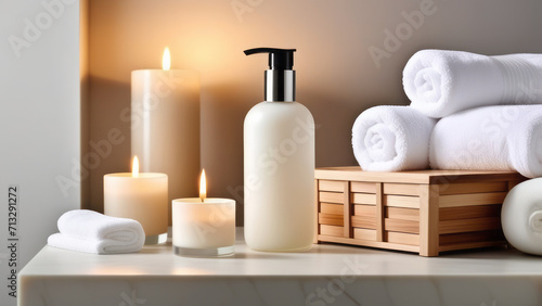 Create an inviting elegance with soft lighting, emphasizing the elegance of towels and beauty treatments, Towel with herbal bag and beauty treatments, candles, essential oils