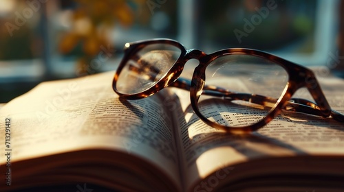 Close view of a pair of glasses placed on a book. Created with Generative Ai technology.