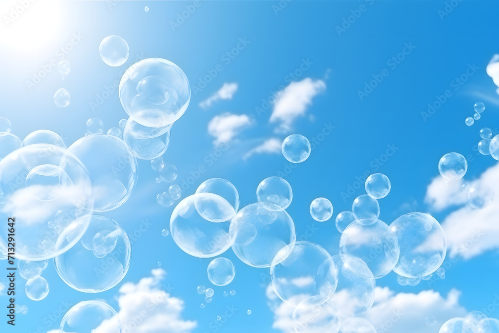 a bunch of bubbles are flying in the blue sky