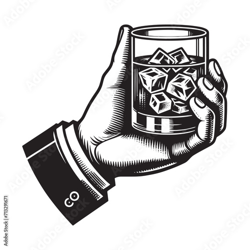 A glass of whiskey with ice in a man's hand.  Vintage retro engraving illustration. Black icon, isolated element	