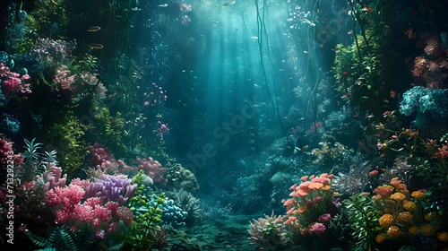 A velvety, dark cyclorama of a surreal underwater garden, inhabited by bioluminescent creatures that whisper only in the language of flickering light.  photo