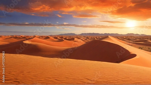 As the sun dips below the horizon, the desert landscape is transformed into a breathtaking scene of fiery hues and shifting shadows. Against the backdrop of endless dunes and rugged terrain.