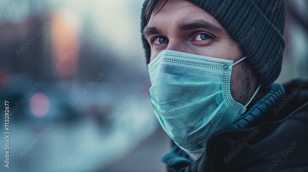 Man gazes with weary eyes while wearing a teal surgical mask and knit cap against a blurred city backdrop Man gazes with weary eyes while wearing a teal surgical mask and knit cap against a blurred city backdrop
