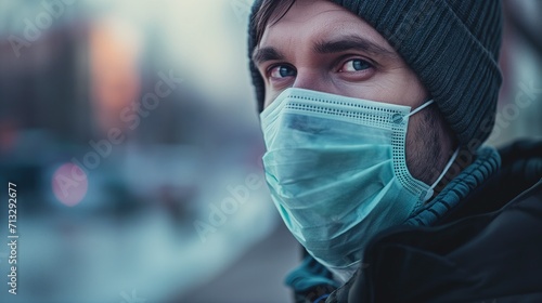 Man gazes with weary eyes while wearing a teal surgical mask and knit cap against a blurred city backdrop