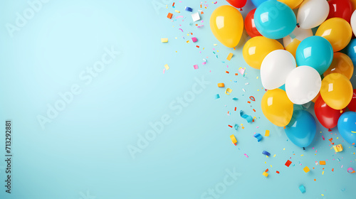 Holiday background with colorful balloons, confetti and ribbons. Holiday greeting card for birthday party, anniversary, New Year, Christmas or other events