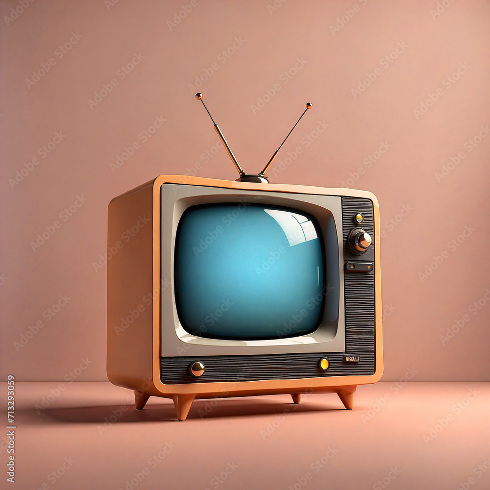 Retro TV on peach fuzz color background, vintage style. Generative ai